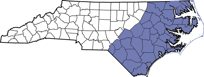 Map of North Carolina highlighting Eastern and Central regions we serve